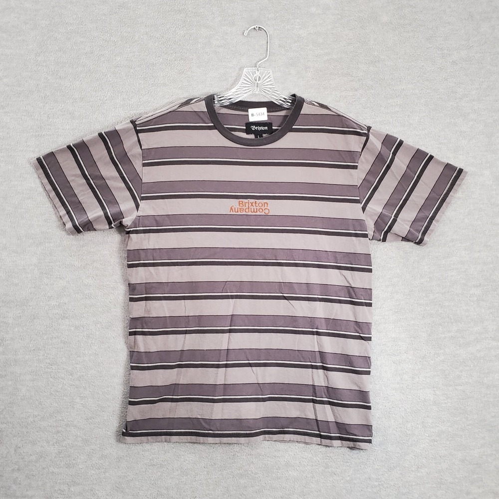 Brixton Men Shirt Large Gray Striped Logo Upside Down Embroidered Short Sleeve